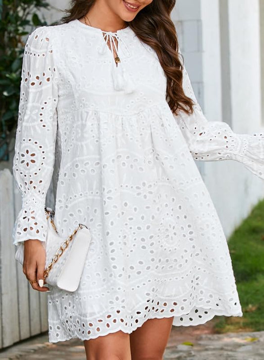 A Line Hollow Out Lace Ruffle Casual Dresses, Long sleeve for sun protection
