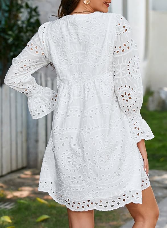 A Line Hollow Out Lace Ruffle Casual Dresses, Long sleeve for sun protection