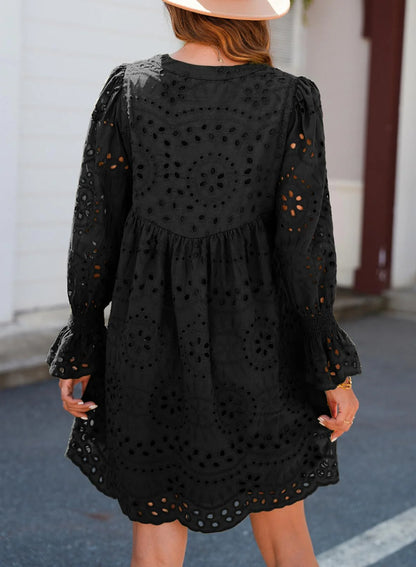 A Line Hollow Out Lace Ruffle Casual Dresses, Long sleeve for sun protection