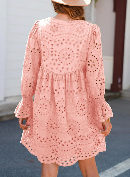 A Line Hollow Out Lace Ruffle Casual Dresses, Long sleeve for sun protection