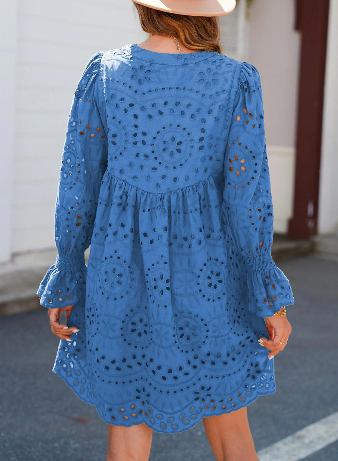 A Line Hollow Out Lace Ruffle Casual Dresses, Long sleeve for sun protection