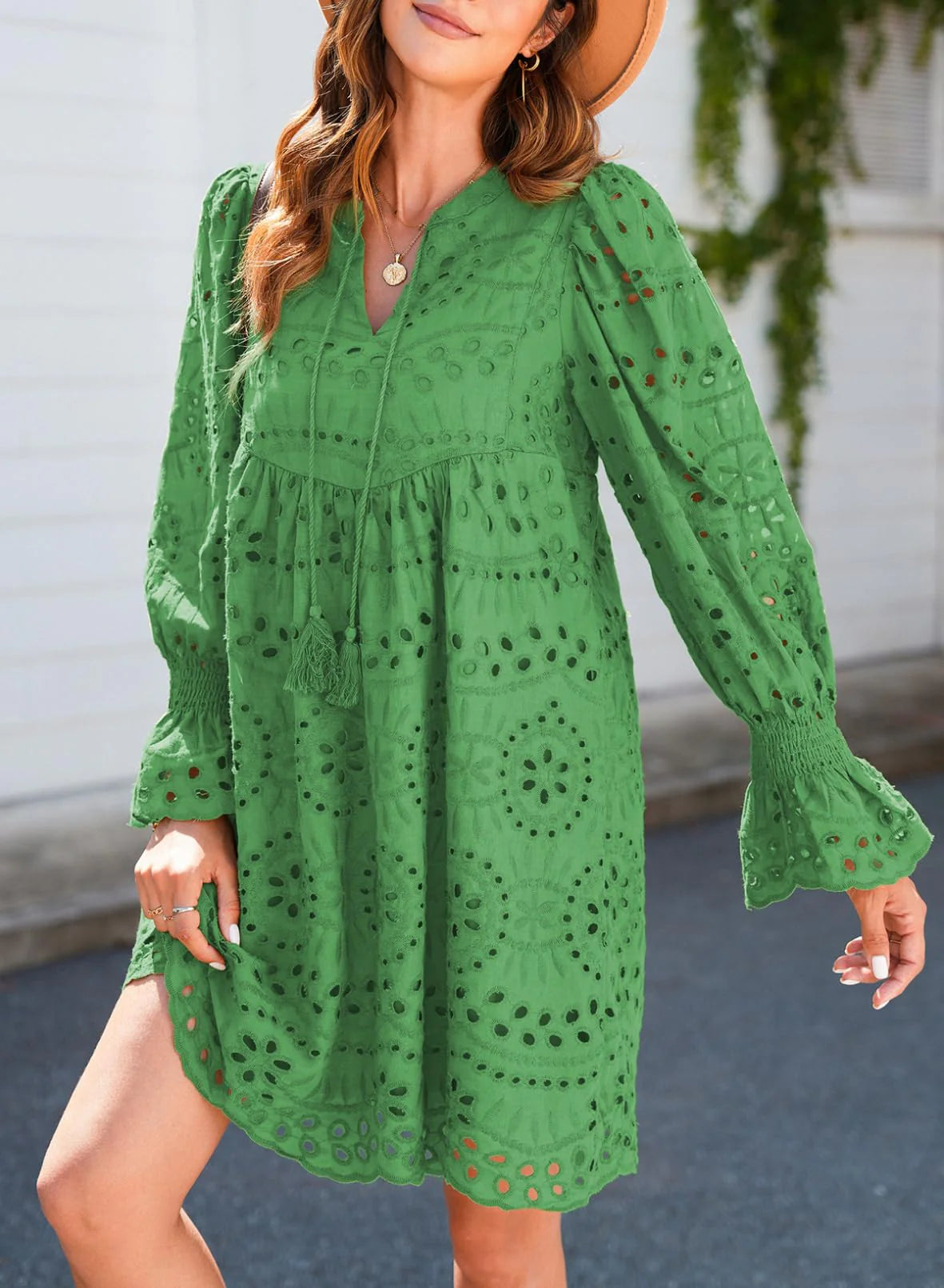 A Line Hollow Out Lace Ruffle Casual Dresses, Long sleeve for sun protection