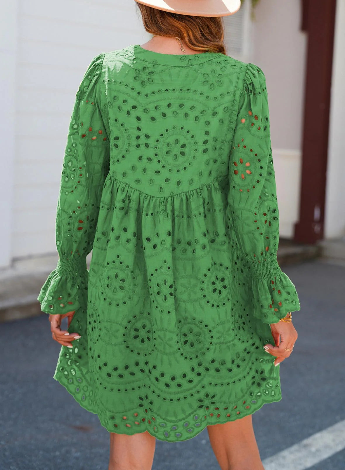 A Line Hollow Out Lace Ruffle Casual Dresses, Long sleeve for sun protection
