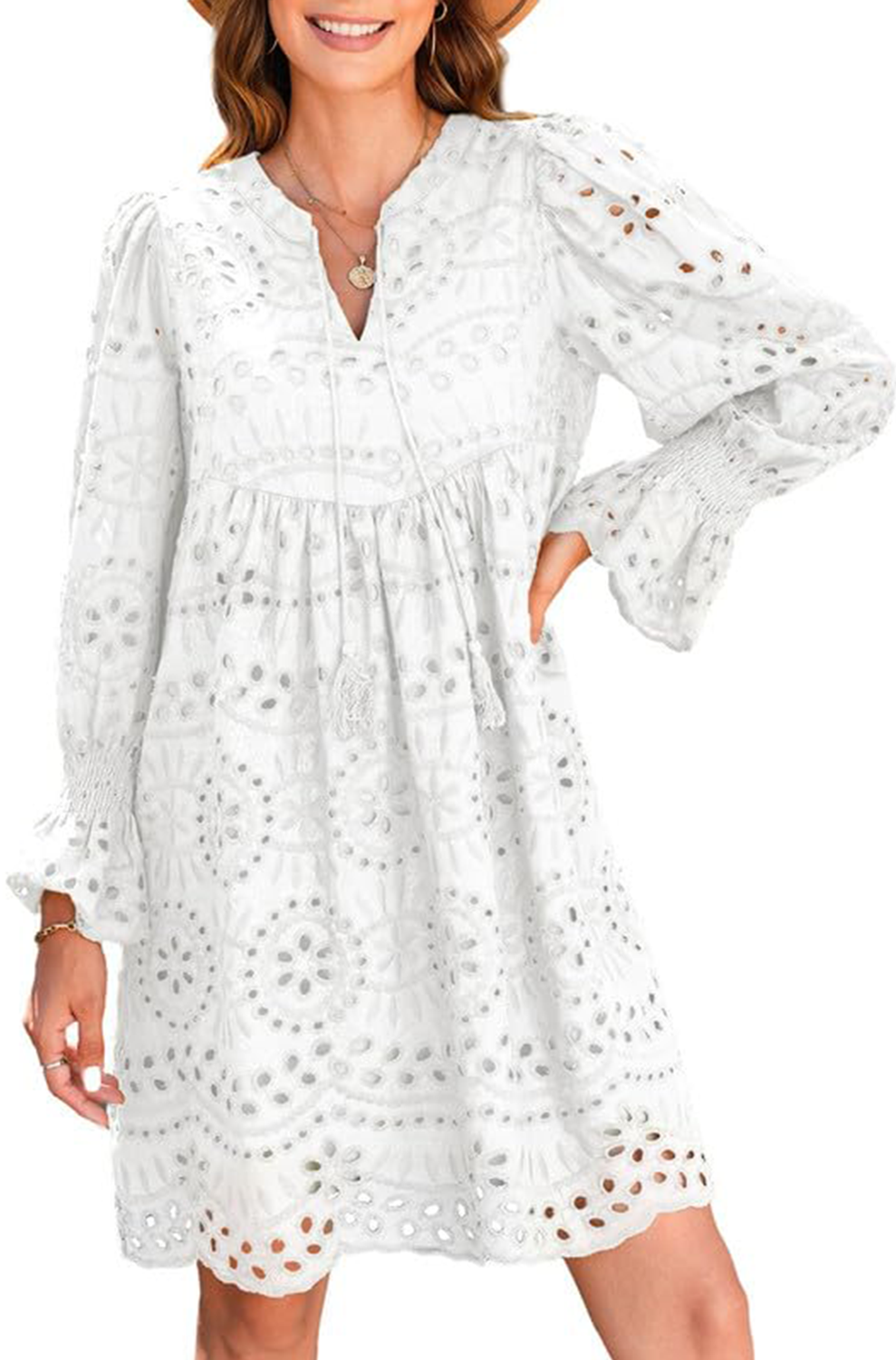 A Line Hollow Out Lace Ruffle Casual Dresses, Long sleeve for sun protection