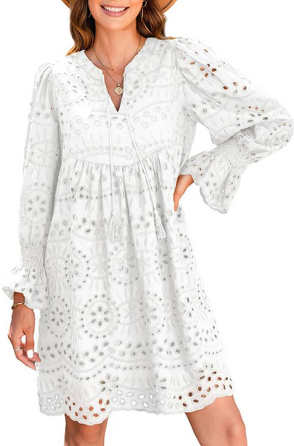 A Line Hollow Out Lace Ruffle Casual Dresses, Long sleeve for sun protection