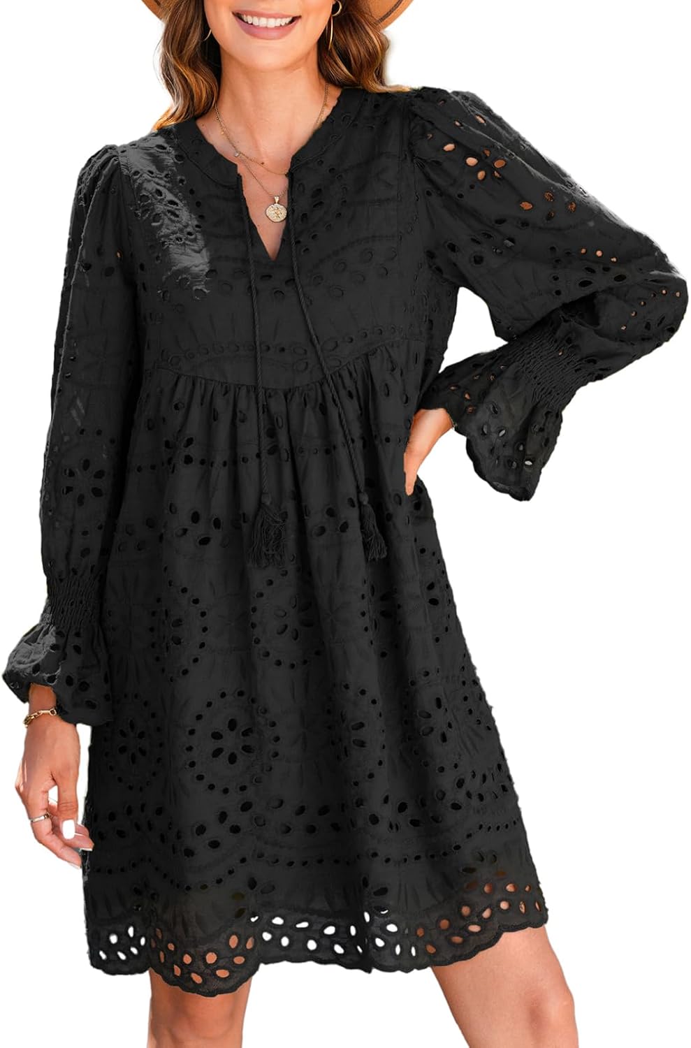A Line Hollow Out Lace Ruffle Casual Dresses, Long sleeve for sun protection