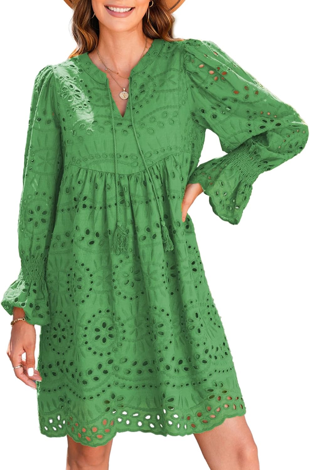 A Line Hollow Out Lace Ruffle Casual Dresses, Long sleeve for sun protection