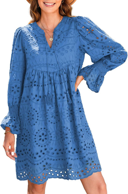 A Line Hollow Out Lace Ruffle Casual Dresses, Long sleeve for sun protection