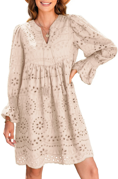 A Line Hollow Out Lace Ruffle Casual Dresses, Long sleeve for sun protection