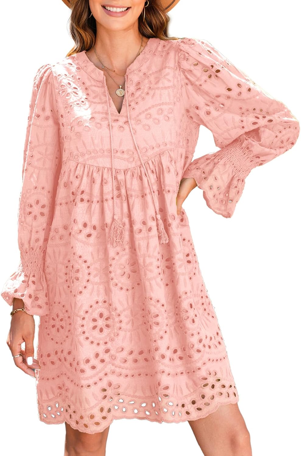 A Line Hollow Out Lace Ruffle Casual Dresses, Long sleeve for sun protection